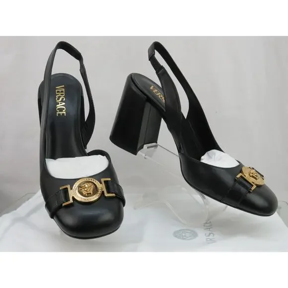 NIB VERSACE BLACK LEATHER GOLD MEDUSA LOGO SANDALS LOW HEEL PUMPS 38 8